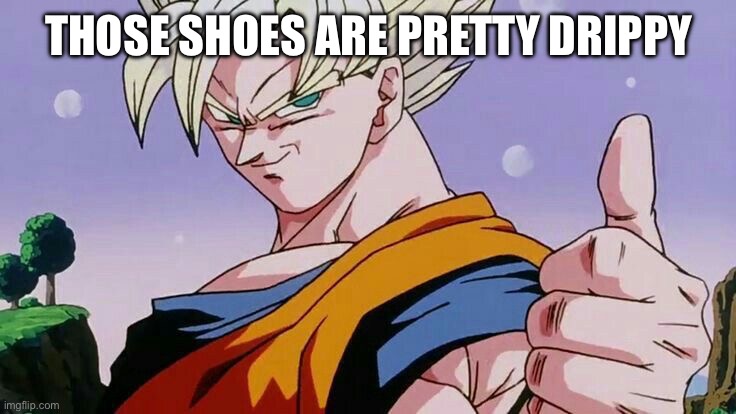 Goku thumbs up | THOSE SHOES ARE PRETTY DRIPPY | image tagged in goku thumbs up | made w/ Imgflip meme maker