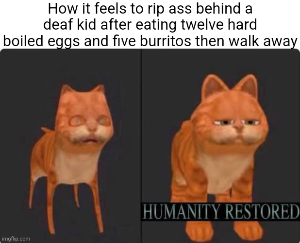 humanity restored | How it feels to rip ass behind a deaf kid after eating twelve hard boiled eggs and five burritos then walk away | image tagged in humanity restored | made w/ Imgflip meme maker