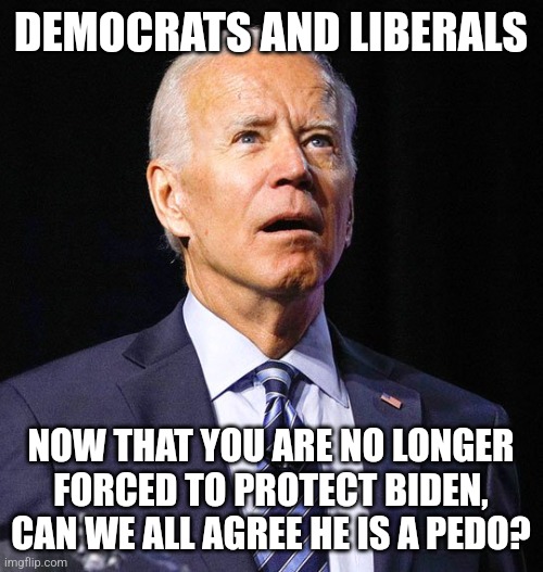 Joe Biden | DEMOCRATS AND LIBERALS; NOW THAT YOU ARE NO LONGER FORCED TO PROTECT BIDEN, CAN WE ALL AGREE HE IS A PEDO? | image tagged in joe biden | made w/ Imgflip meme maker