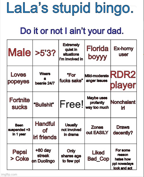 LaLa’s stupid bingo Blank Meme Template