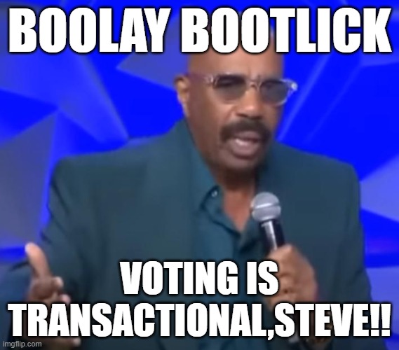 boolay bootlick | BOOLAY BOOTLICK; VOTING IS TRANSACTIONAL,STEVE!! | made w/ Imgflip meme maker