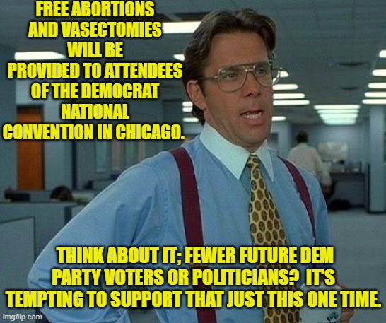 I wish they would not tempt our conservative resolve on this issue like that. | FREE ABORTIONS AND VASECTOMIES WILL BE PROVIDED TO ATTENDEES OF THE DEMOCRAT NATIONAL CONVENTION IN CHICAGO. THINK ABOUT IT; FEWER FUTURE DEM PARTY VOTERS OR POLITICIANS?  IT'S TEMPTING TO SUPPORT THAT JUST THIS ONE TIME. | image tagged in that would be great | made w/ Imgflip meme maker