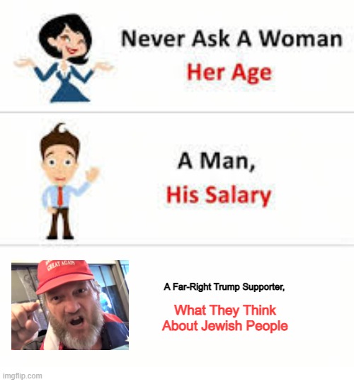 Never ask a woman her age | A Far-Right Trump Supporter, What They Think About Jewish People | image tagged in never ask a woman her age,jews,conspiracy theory,qanon,alt right,antisemitism | made w/ Imgflip meme maker