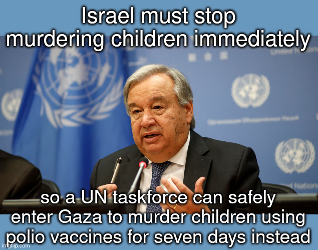 cease fire | Israel must stop murdering children immediately; so a UN taskforce can safely enter Gaza to murder children using polio vaccines for seven days instead | made w/ Imgflip meme maker