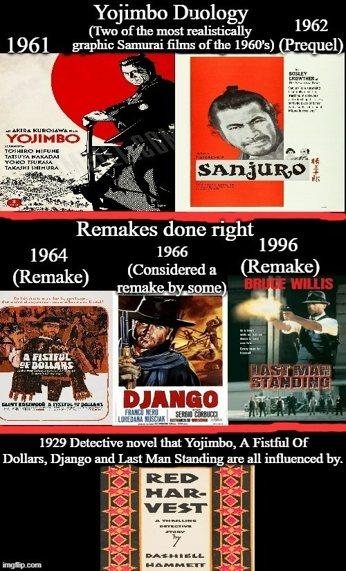 Yojimbo: Remakes Done Right | 1962 (Prequel) | image tagged in yojimbo,a fistful of dollars,django,last man standing,remakes done right memes,red harvest | made w/ Imgflip meme maker