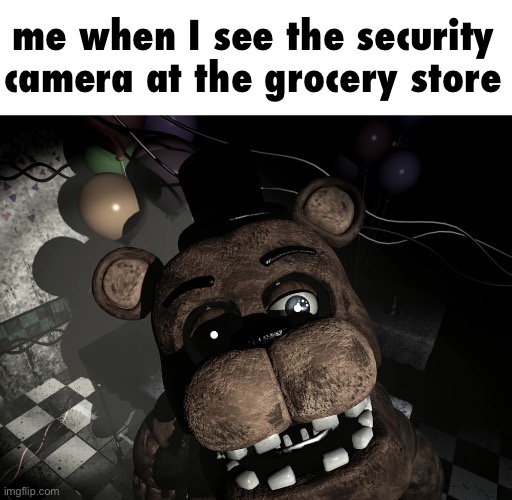 Withered Freddy Camera Stare FNaf 2 | me when I see the security camera at the grocery store | image tagged in withered freddy camera stare fnaf 2 | made w/ Imgflip meme maker