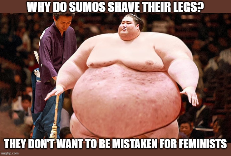 add some green hair and voila | WHY DO SUMOS SHAVE THEIR LEGS? THEY DON'T WANT TO BE MISTAKEN FOR FEMINISTS | image tagged in dark humor,funny memes | made w/ Imgflip meme maker