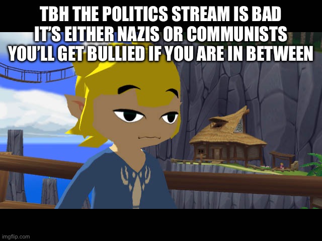 High Toon Link | TBH THE POLITICS STREAM IS BAD IT’S EITHER NAZIS OR COMMUNISTS YOU’LL GET BULLIED IF YOU ARE IN BETWEEN | image tagged in high toon link | made w/ Imgflip meme maker