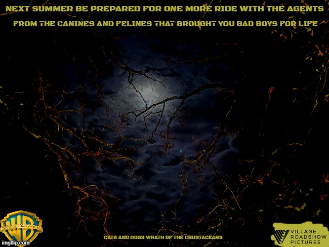 movies that might happen someday part 196 | NEXT SUMMER BE PREPARED FOR ONE MORE RIDE WITH THE AGENTS; FROM THE CANINES AND FELINES THAT BROUGHT YOU BAD BOYS FOR LIFE; CATS AND DOGS WRATH OF THE CRUSTACEANS | image tagged in night sky,warner bros,midquel,sequels,pg-13,fake | made w/ Imgflip meme maker