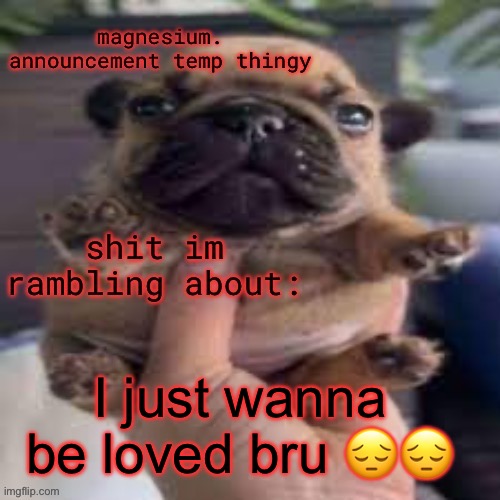 pug temp | I just wanna be loved bru 😔😔 | image tagged in pug temp | made w/ Imgflip meme maker