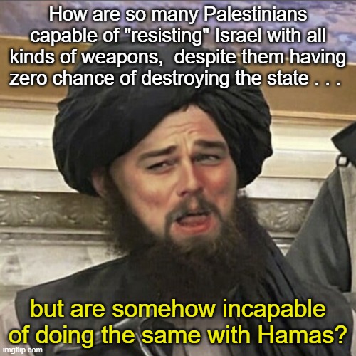 Why don't Palestinians rise up against Hamas? | How are so many Palestinians capable of "resisting" Israel with all kinds of weapons,  despite them having zero chance of destroying the state . . . but are somehow incapable of doing the same with Hamas? | image tagged in dicaprio laugh taliban,palestine,israel,hamas | made w/ Imgflip meme maker