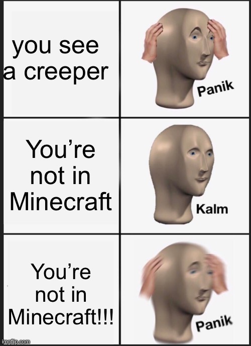 Panik Kalm Panik Meme | you see a creeper; You’re not in Minecraft; You’re not in Minecraft!!! | image tagged in memes,panik kalm panik,minecraft,video games | made w/ Imgflip meme maker