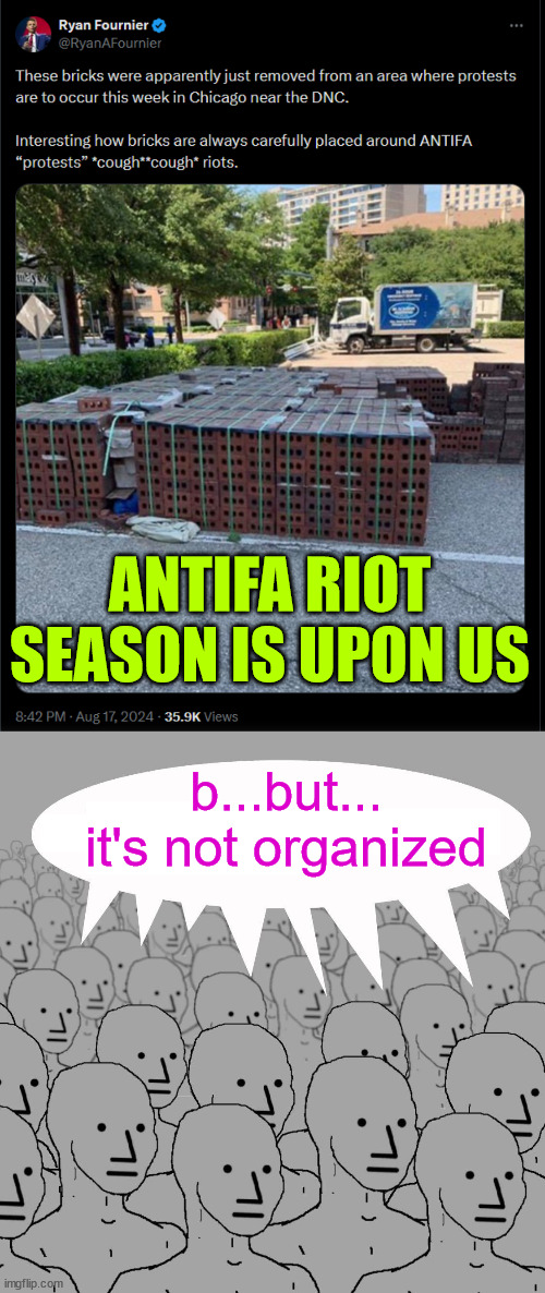 Brace yourself... antifa riot season is starting | ANTIFA RIOT SEASON IS UPON US; b...but... it's not organized | image tagged in npc,antifa,paid fascists,democrat bullies,anti america | made w/ Imgflip meme maker