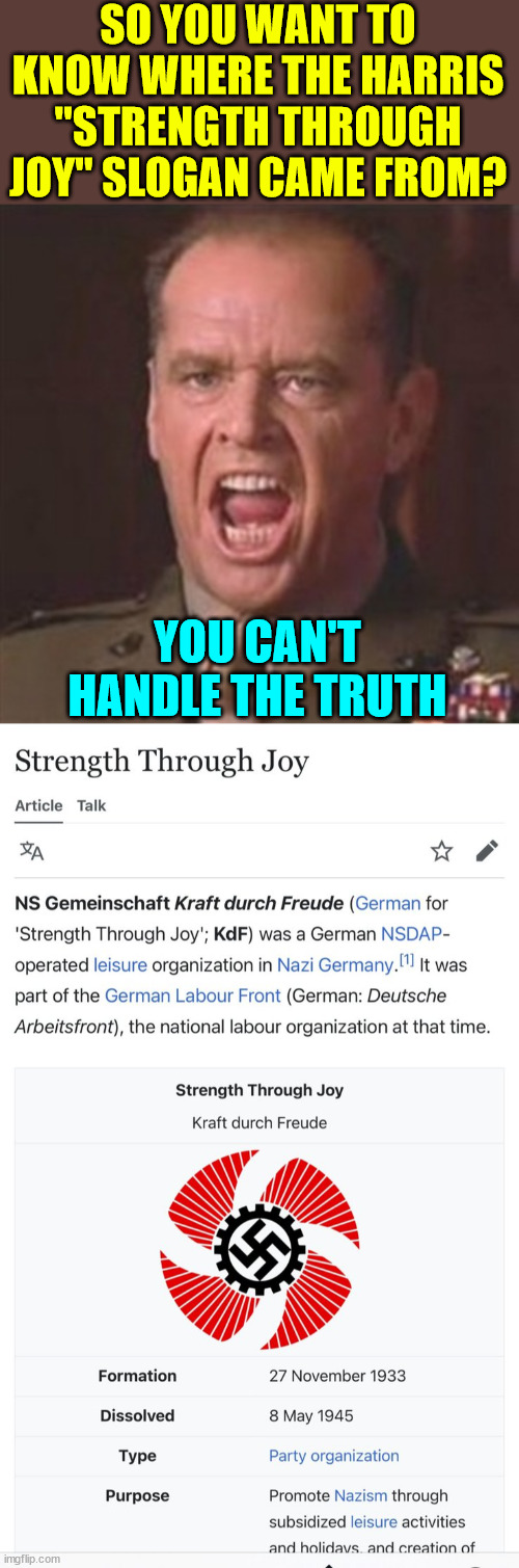 "Strength Through Joy" - Kamala Harris campaign slogan | SO YOU WANT TO KNOW WHERE THE HARRIS "STRENGTH THROUGH JOY" SLOGAN CAME FROM? YOU CAN'T HANDLE THE TRUTH | image tagged in you can't handle the truth,harris,nazi slogan,strength through joy | made w/ Imgflip meme maker