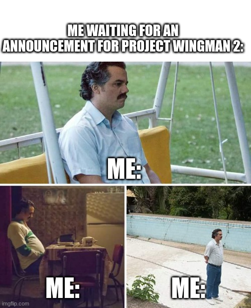 we need the next game now | ME WAITING FOR AN ANNOUNCEMENT FOR PROJECT WINGMAN 2:; ME:; ME:; ME: | image tagged in memes,sad pablo escobar | made w/ Imgflip meme maker