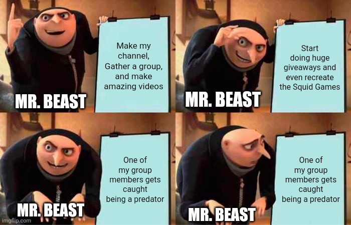 Mr. Beast's Plan | Make my channel, Gather a group, and make amazing videos; Start doing huge giveaways and even recreate the Squid Games; MR. BEAST; MR. BEAST; One of my group members gets caught being a predator; One of my group members gets caught being a predator; MR. BEAST; MR. BEAST | image tagged in memes,gru's plan,mrbeast,youtuber | made w/ Imgflip meme maker