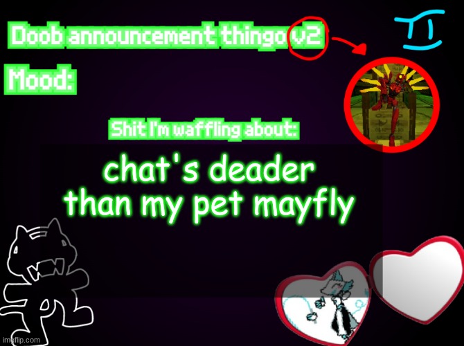 Doob. Announcement Temp V2 | chat's deader than my pet mayfly | image tagged in doob announcement temp v2 | made w/ Imgflip meme maker