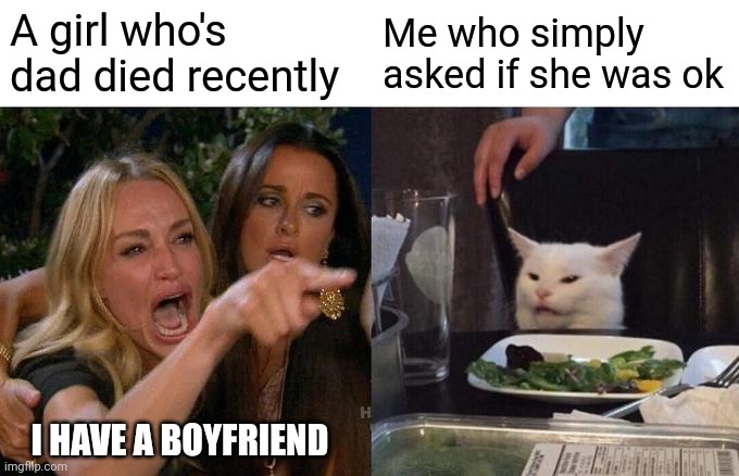 What did I do | A girl who's dad died recently; Me who simply asked if she was ok; I HAVE A BOYFRIEND | image tagged in memes,woman yelling at cat,wow,true story | made w/ Imgflip meme maker