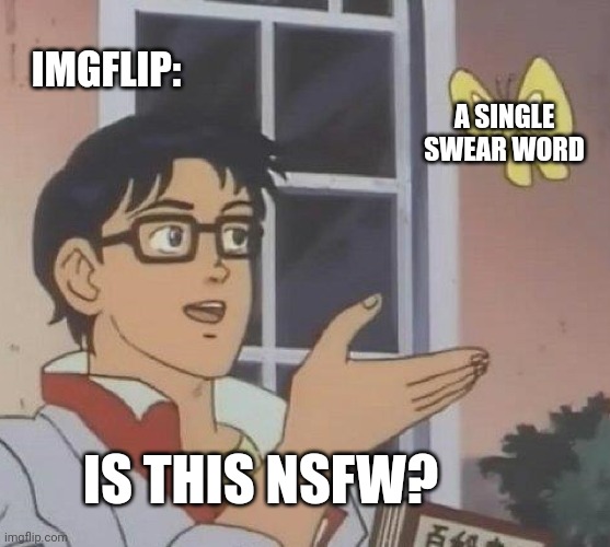 Mildly infuriating | IMGFLIP:; A SINGLE SWEAR WORD; IS THIS NSFW? | image tagged in memes,is this a pigeon,annoying | made w/ Imgflip meme maker