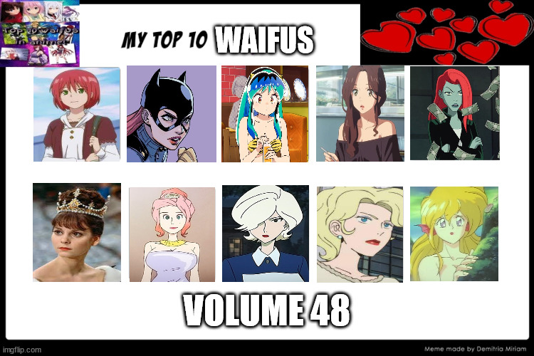 top 10 waifus volume 48 | WAIFUS; VOLUME 48 | image tagged in top 10 waifus,volume,anime,dc comics,movies,comics/cartoons | made w/ Imgflip meme maker