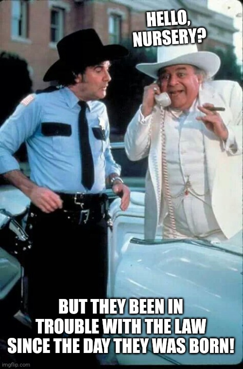 Boss Hogg and the Sheriff | HELLO, NURSERY? BUT THEY BEEN IN TROUBLE WITH THE LAW SINCE THE DAY THEY WAS BORN! | image tagged in boss hogg and the sheriff | made w/ Imgflip meme maker