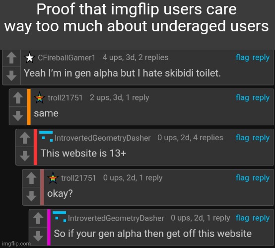 tHiS wEbSiTe iS 13+ | Proof that imgflip users care way too much about underaged users | image tagged in underaged users | made w/ Imgflip meme maker