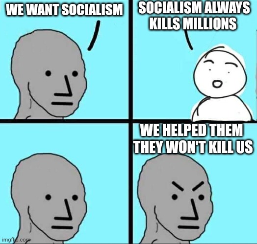 history means nothing to the brain dead | SOCIALISM ALWAYS KILLS MILLIONS; WE WANT SOCIALISM; WE HELPED THEM   THEY WON'T KILL US | image tagged in npc meme | made w/ Imgflip meme maker