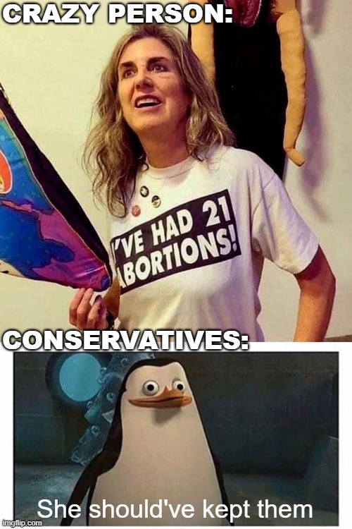 CRAZY PERSON:; CONSERVATIVES:; She should've kept them | image tagged in stupid pinguin,american politics,conservatives | made w/ Imgflip meme maker