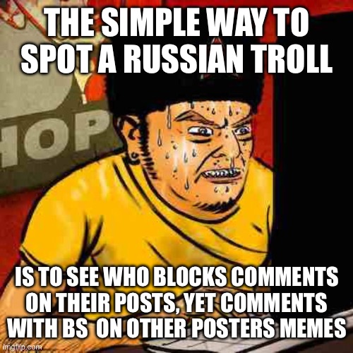 Russian Troll | THE SIMPLE WAY TO SPOT A RUSSIAN TROLL; IS TO SEE WHO BLOCKS COMMENTS ON THEIR POSTS, YET COMMENTS WITH BS  ON OTHER POSTERS MEMES | image tagged in russian troll | made w/ Imgflip meme maker