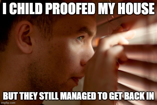 clever little sobs | I CHILD PROOFED MY HOUSE; BUT THEY STILL MANAGED TO GET BACK IN | image tagged in funny memes,dark humor | made w/ Imgflip meme maker