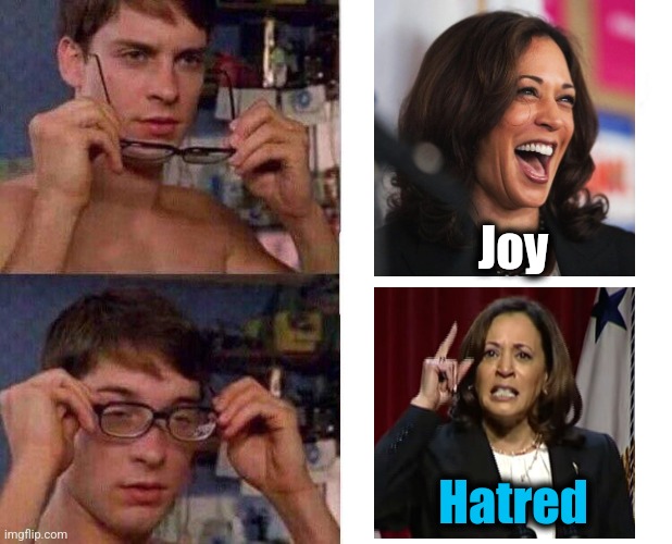 America with glasses | Joy; Hatred | image tagged in spiderman glasses,memes,kamala harris,joy,hatred,democrats | made w/ Imgflip meme maker