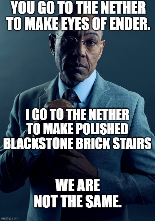 I have a chest of Minecraft items with long names. | YOU GO TO THE NETHER TO MAKE EYES OF ENDER. I GO TO THE NETHER TO MAKE POLISHED BLACKSTONE BRICK STAIRS; WE ARE NOT THE SAME. | image tagged in gus fring we are not the same,memes,minecraft,gaming | made w/ Imgflip meme maker