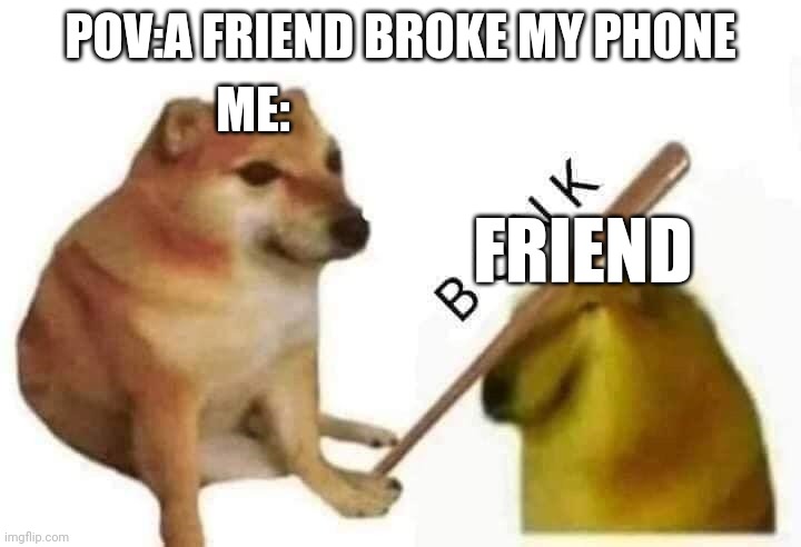 When ur friend broke ur phone | ME:; POV:A FRIEND BROKE MY PHONE; FRIEND | image tagged in doge bonk | made w/ Imgflip meme maker