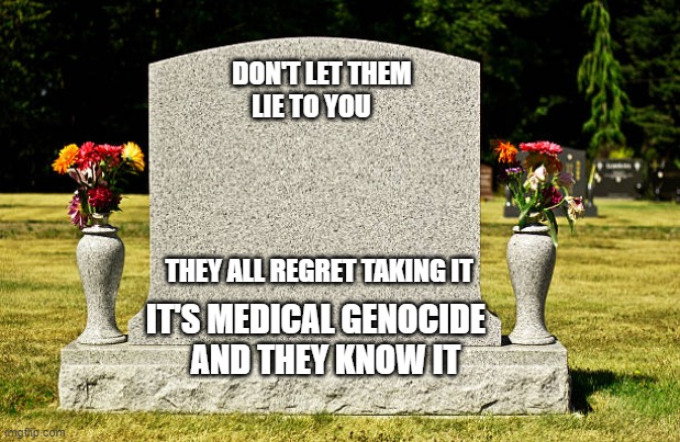 Headstone | DON'T LET THEM   LIE TO YOU                                    
                                                 THEY ALL REGRET TAKING IT; IT'S MEDICAL GENOCIDE     AND THEY KNOW IT | image tagged in headstone | made w/ Imgflip meme maker