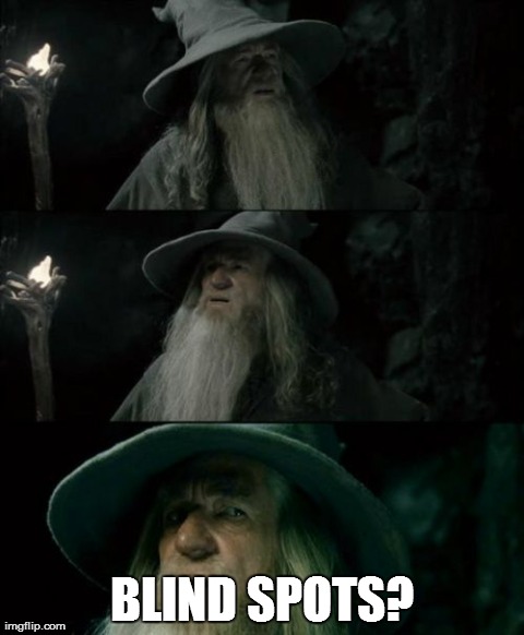 Confused Gandalf | BLIND SPOTS? | image tagged in memes,confused gandalf | made w/ Imgflip meme maker