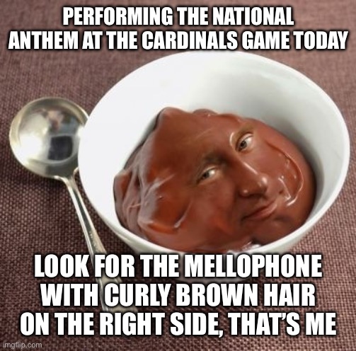 Meeeeee | PERFORMING THE NATIONAL ANTHEM AT THE CARDINALS GAME TODAY; LOOK FOR THE MELLOPHONE WITH CURLY BROWN HAIR ON THE RIGHT SIDE, THAT’S ME | image tagged in vladimir pudding | made w/ Imgflip meme maker