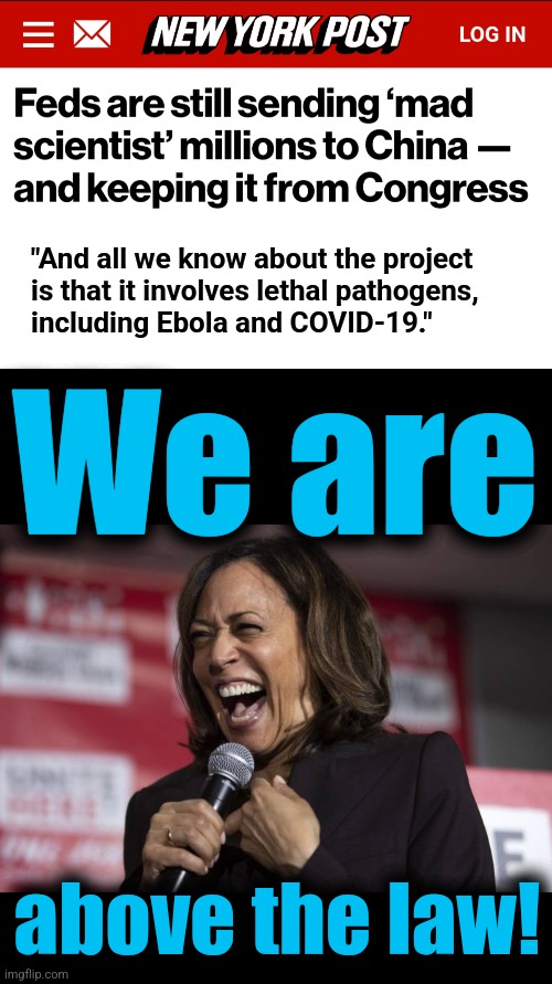 It's becoming clear that mass murder is the point of it all | "And all we know about the project
is that it involves lethal pathogens,
including Ebola and COVID-19."; We are; above the law! | image tagged in kamala laughing,memes,china,viral weapons development,mass murder,above the law | made w/ Imgflip meme maker