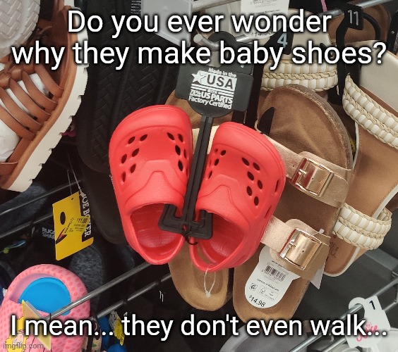 I saw baby crocs at Walmart and thought of this | Do you ever wonder why they make baby shoes? I mean... they don't even walk... | made w/ Imgflip meme maker
