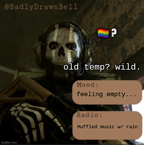 ... | old temp? wild. feeling empty... Muffled music w/ rain | image tagged in bdb temp | made w/ Imgflip meme maker