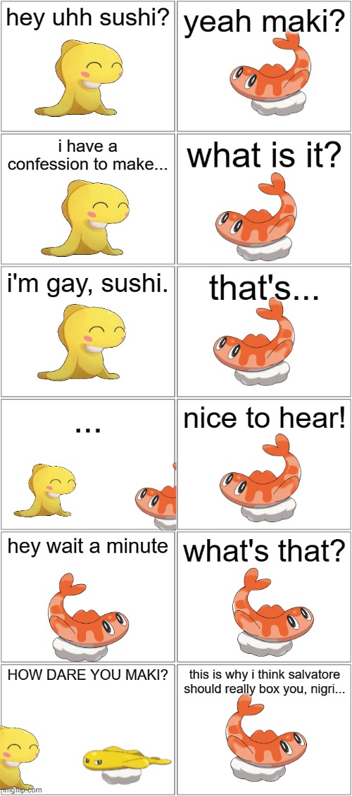 Tatsugiri Family Drama.mp3 | image tagged in comic,maki,sushi | made w/ Imgflip meme maker