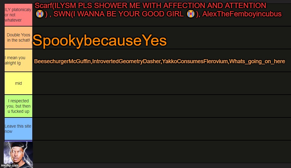 Neko's Tier List | Scarf(ILYSM PLS SHOWER ME WITH AFFECTION AND ATTENTION 😭) , SWN(I WANNA BE YOUR GOOD GIRL 😭), AlexTheFemboyincubus; SpookybecauseYes; BeesechurgerMcGuffin,IntrovertedGeometryDasher,YakkoConsumesFlerovium,Whats_going_on_here | image tagged in neko's tier list | made w/ Imgflip meme maker