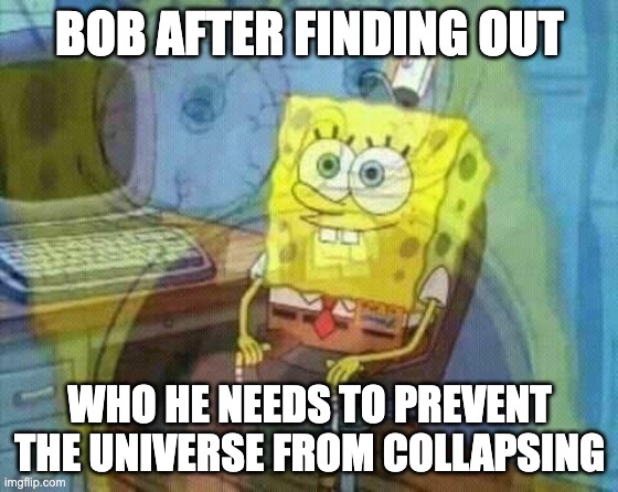 spongebob panic inside | BOB AFTER FINDING OUT; WHO HE NEEDS TO PREVENT THE UNIVERSE FROM COLLAPSING | image tagged in spongebob panic inside | made w/ Imgflip meme maker