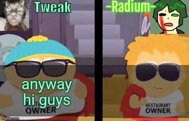 Tweak and Radium Shared Temp | anyway hi guys | image tagged in tweak and radium shared temp | made w/ Imgflip meme maker