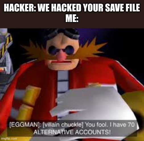 Eggman Alternative Accounts | HACKER: WE HACKED YOUR SAVE FILE
ME: | image tagged in eggman alternative accounts | made w/ Imgflip meme maker