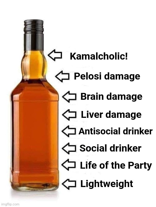 Alcohol consumption | Kamalcholic! Pelosi damage; Brain damage; Liver damage; Antisocial drinker; Social drinker; Life of the Party; Lightweight | image tagged in alcohol bottle,memes,kamala harris,nancy pelosi,democrats,kamalcholic | made w/ Imgflip meme maker