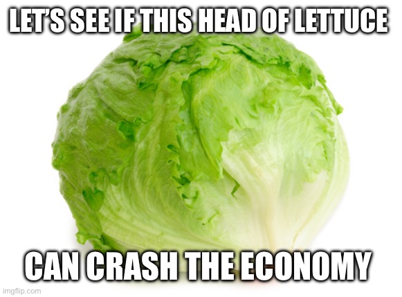 Apparently funny in Great Britain | LET’S SEE IF THIS HEAD OF LETTUCE; CAN CRASH THE ECONOMY | image tagged in lettuce,truss,inflation,british | made w/ Imgflip meme maker