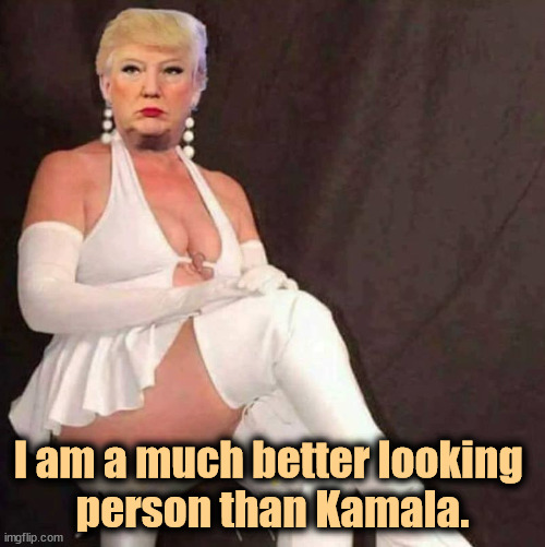 Covfefe La Flame - Donald Trump on his day off | I am a much better looking 
person than Kamala. | image tagged in covfefe la flame - donald trump on his day off,trump,vanity,looks,narcissist | made w/ Imgflip meme maker