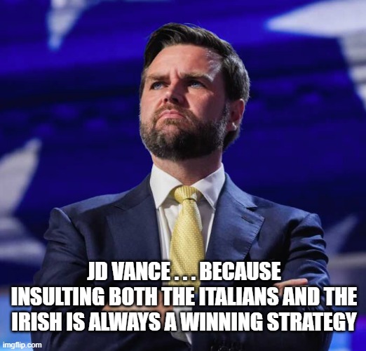 JD Vance thinks big | JD VANCE . . . BECAUSE INSULTING BOTH THE ITALIANS AND THE IRISH IS ALWAYS A WINNING STRATEGY | image tagged in jd vance thinks big | made w/ Imgflip meme maker