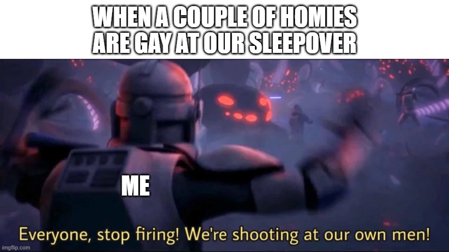 the sleepover | WHEN A COUPLE OF HOMIES ARE GAY AT OUR SLEEPOVER; ME | image tagged in everyone stop firing we're shooting at our own men | made w/ Imgflip meme maker