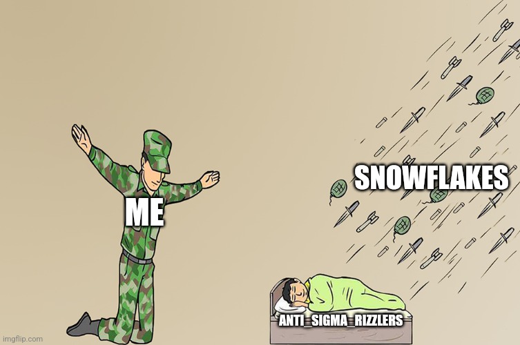 Im failing my job to get rid of snowflakes | SNOWFLAKES; ME; ANTI_SIGMA_RIZZLERS | image tagged in soldier not protecting child | made w/ Imgflip meme maker